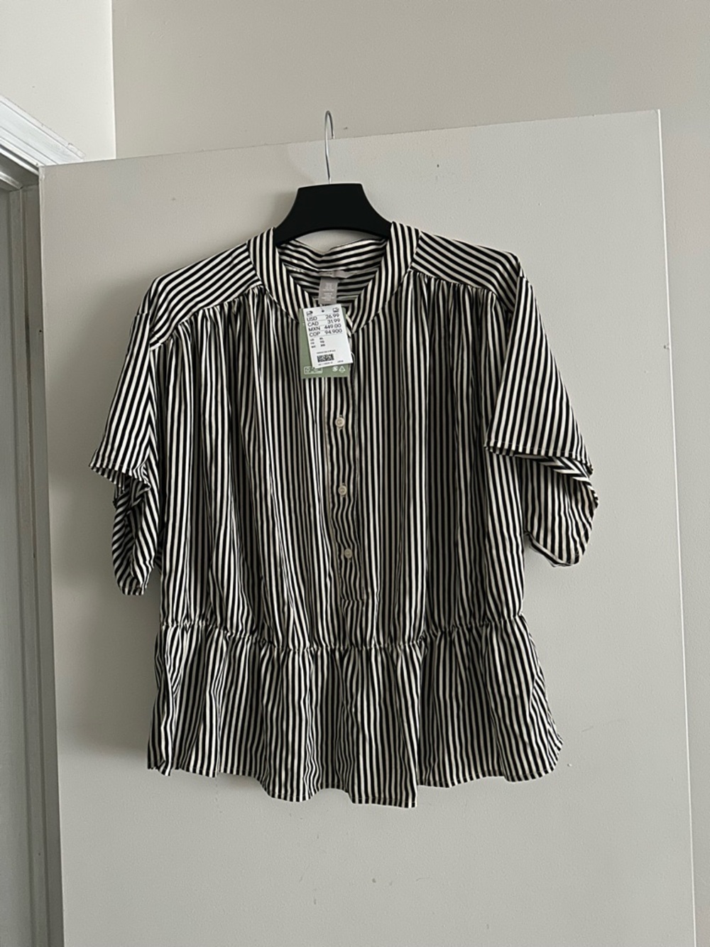 H&M Black and White Striped Peplum Button-Up Blouse